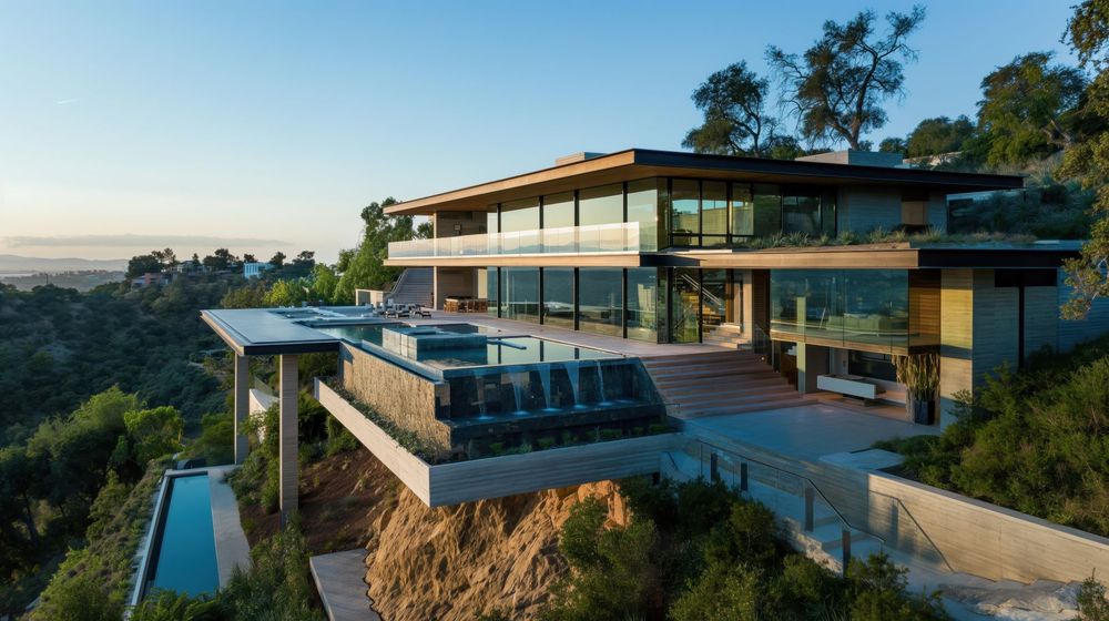 Modern Luxury Villa With Large Glass Windows Infinity Pool Scenic Views Surrounding Hills Valleys Sunrise