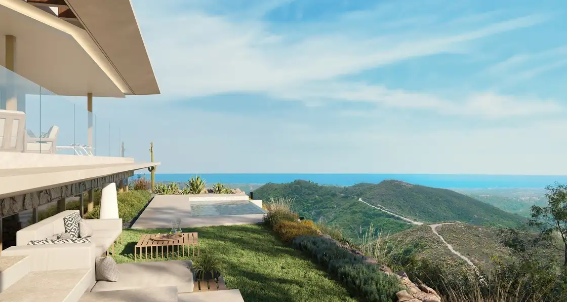 Mimosas 350.apartment Villa Garden. Detail of Terrace+pool+leisure Area+garden+views.render